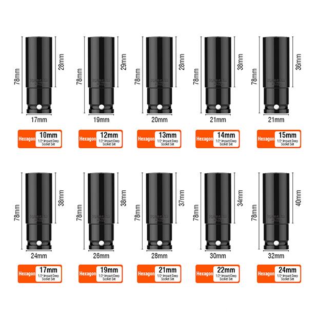 10Pcs 1/2" Impact Deep Socket Set