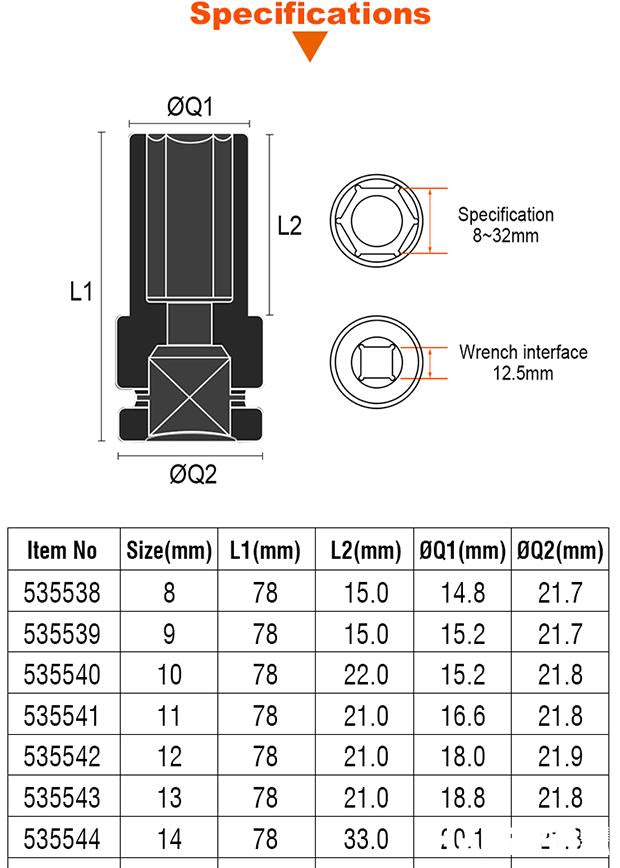 8-32mm 1/2" Hexagon Deep Socket