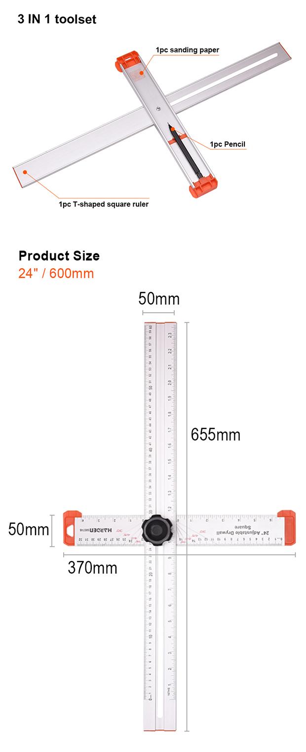 24"/600mm Adjustable T-shaped Square Ruler